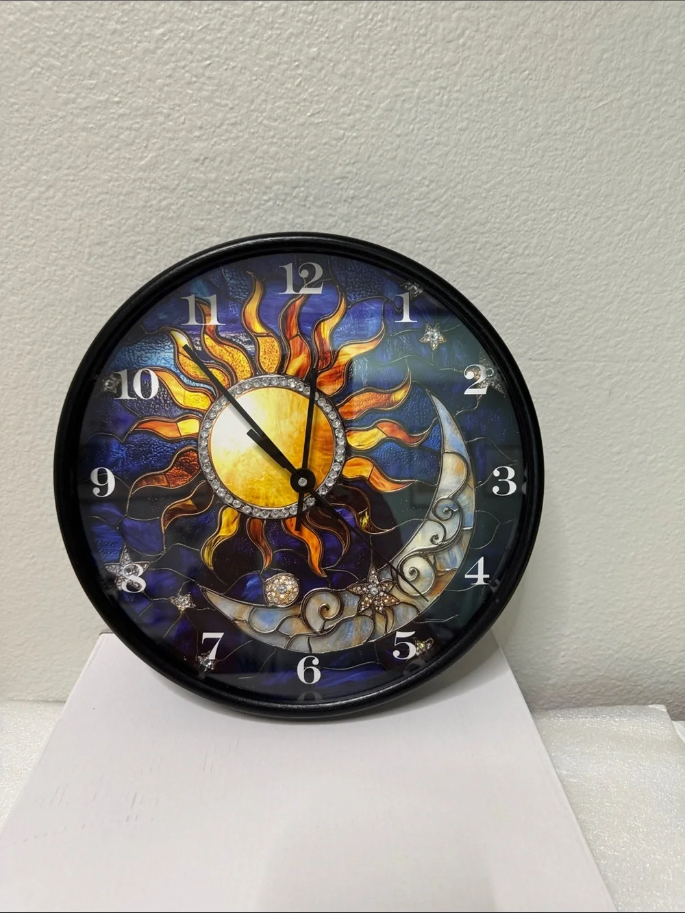 🌞🌙 Blinged Sun & Moon Stained Glass Wall Clock – Celestial Glam for Your Home